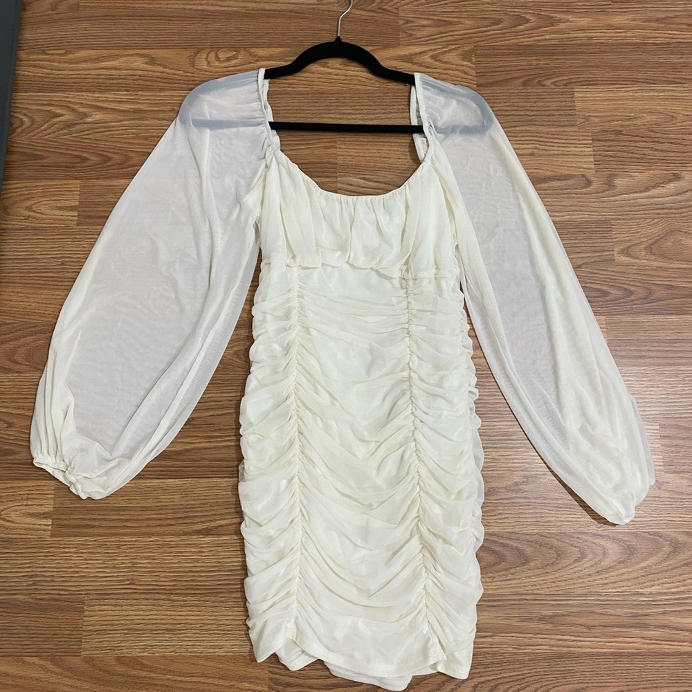 Cream Ruched Dress with Sheer Sleeves